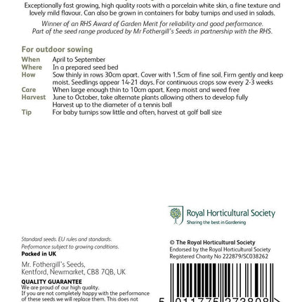 Mr Fothergill’s RHS Turnip Tokyo Cross F1 Seeds 500 Seeds, Award Winning Fast Growing White Turnip