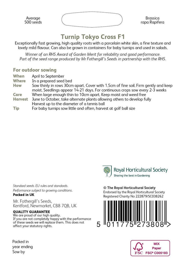 Mr Fothergill’s RHS Turnip Tokyo Cross F1 Seeds 500 Seeds, Award Winning Fast Growing White Turnip