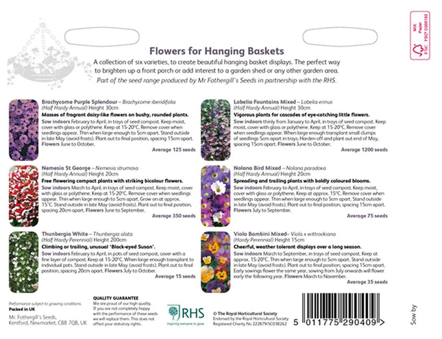 RHS Flowers for Hanging Baskets Seed Collection 6 Trailing Varieties
