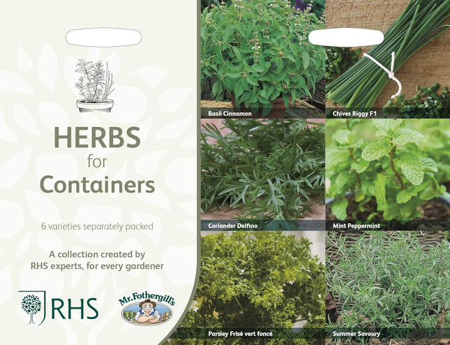RHS Herbs for Containers Collection 6 Varieties, Curated Herb Seed Collection for Pots and Patios