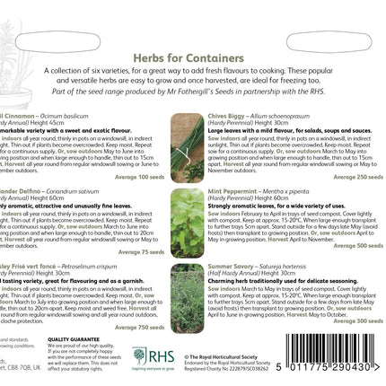 RHS Herbs for Containers Collection 6 Varieties, Curated Herb Seed Collection for Pots and Patios
