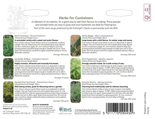 RHS Herbs for Containers Collection 6 Varieties, Curated Herb Seed Collection for Pots and Patios