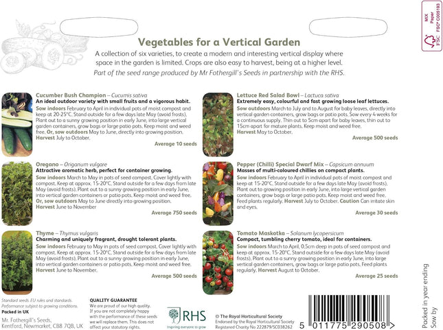 RHS Vegetables for a Vertical Garden Vegetable Seeds Collection 6 Compact Varieties