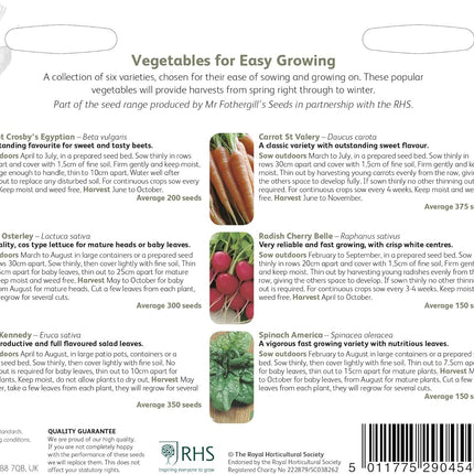 RHS Vegetables for Easy Growing Collection 6 Varieties, Curated Vegetable Seeds for Simple and Reliable Cropping