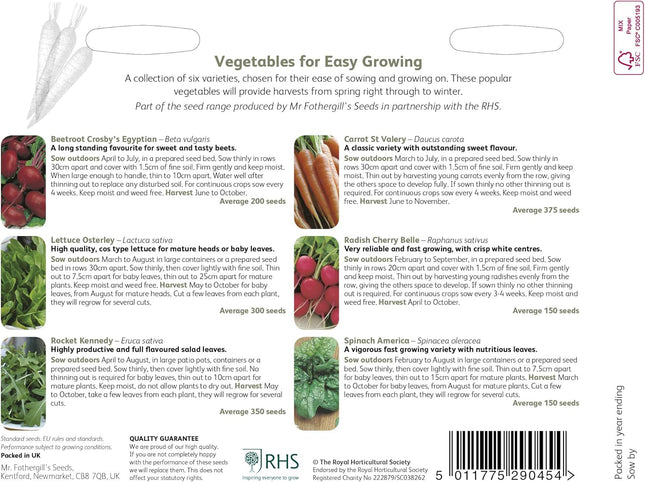 RHS Vegetables for Easy Growing Collection 6 Varieties, Curated Vegetable Seeds for Simple and Reliable Cropping