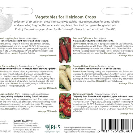 RHS Vegetables for Heirloom Crops Vegetable Seeds Collection 6 Traditional Varieties