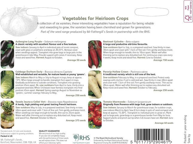 RHS Vegetables for Heirloom Crops Vegetable Seeds Collection 6 Traditional Varieties