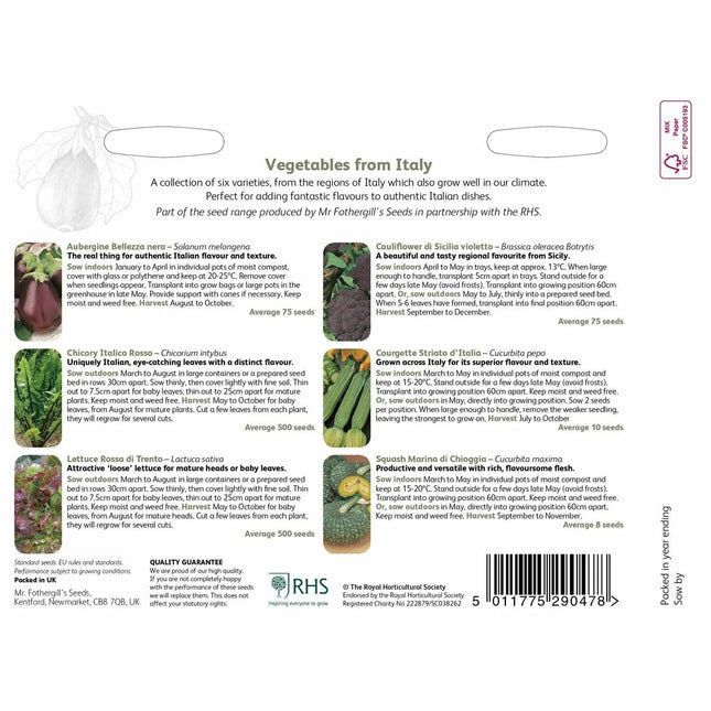 RHS Vegetables from Italy Vegetable Seeds Collection 6 Authentic Italian Varieties
